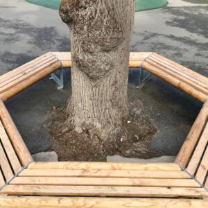 Banc tour d'arbre bois / métal. Banc en bois et en métal parfait pour une cour d’école. Son envergure permet l'installation autour d'un arbre de belle circonférence (sur la photo l'arbre fait 0,90 cm de diamètre). Le banc est conçu avec des angles arrondis pour plus de sécurité et de confort. Son bois chaleureux et ses solides profils en acier de 8 mm offrent au banc une robustesse à tout épreuve. Son design ludique et épuré s’accompagne d’une finition galvanisée pour une allure contemporaine, complétée éventuellement d’une peinture poudre pour une allure plus fun et ludique. Livré en 3 côtés montés (avec rondins et lattes des 3 autres côtés en attente) pour installation sur place.